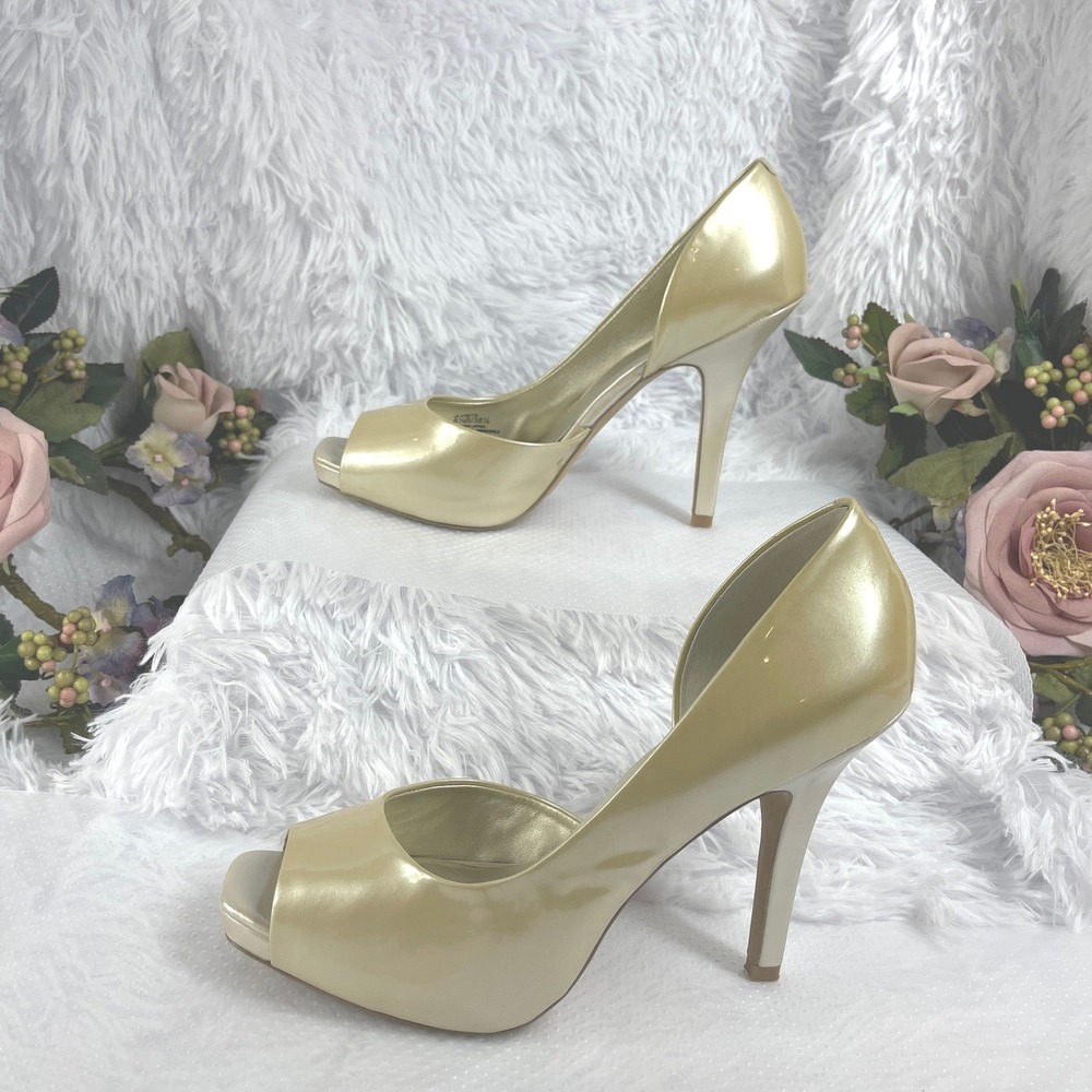 Jessica Simpson Josette Peep Toe Pump Women 8.5 Gold Metallic D'Orsay Heel